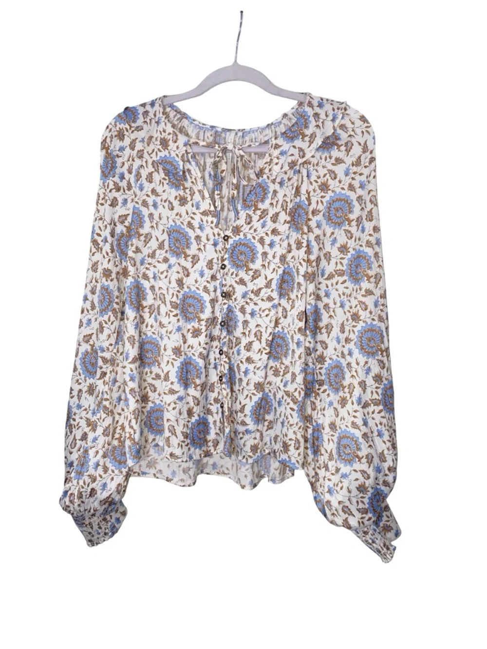 By Anthropologie Blue Floral Boho Blouse - Tie-Neck Puff Sleeve Button Front